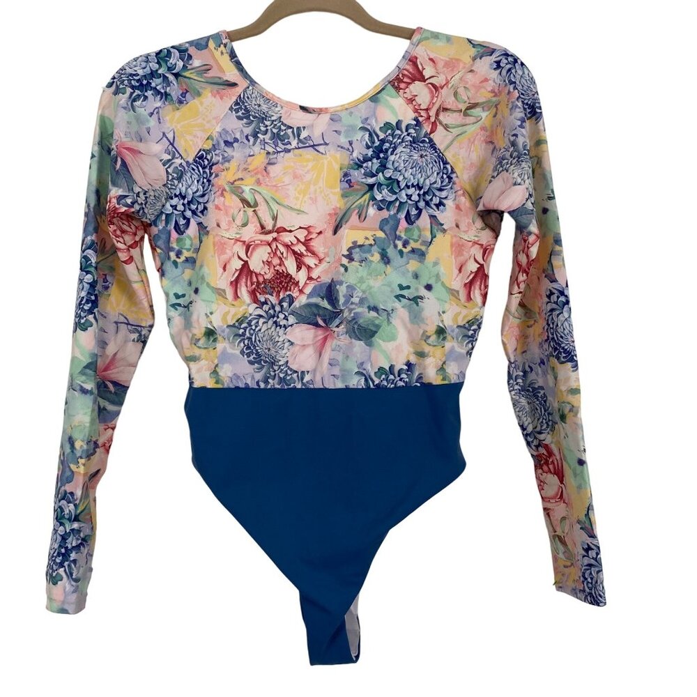 New PHAX Claridad Long Sleeve Blue Floral Color Block Paddle Swim Suit Women Sm